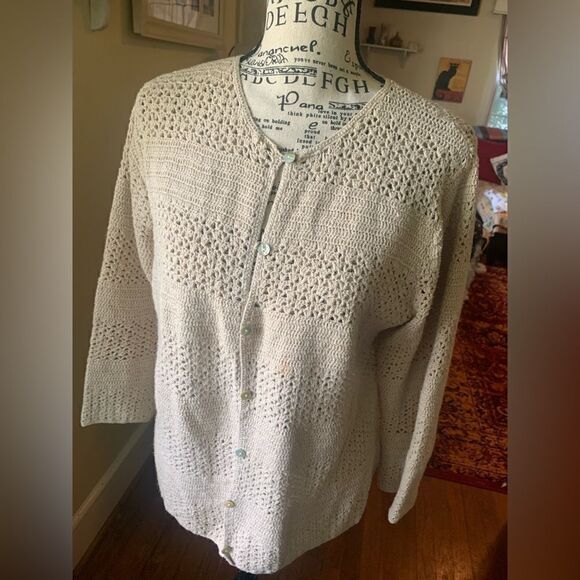 Eddie Bauer cotton linen blend crocheted cardigan - Picture 1 of 5